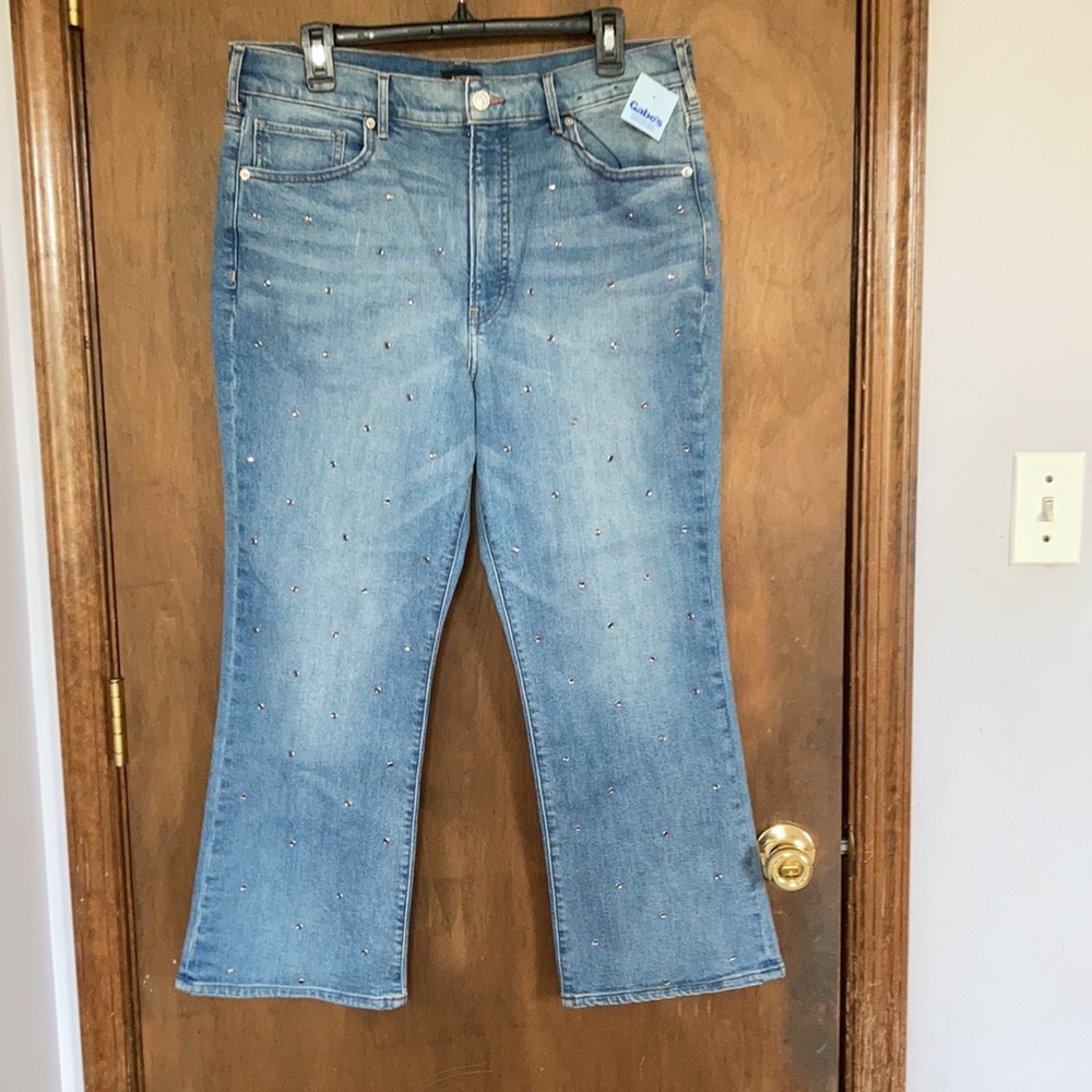 Express super high rise cropped flare jean w bling details size 14